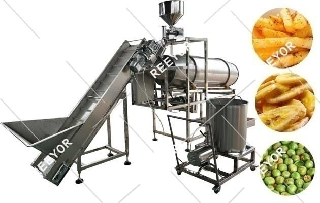 The snack food potato chisp seasoning machine can mix liquid, such as oil, honey, syrup, with snack food, beans, peanuts, chips, teas and other food.